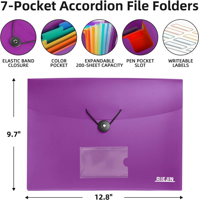 RIEJIN Accordian File Organizer 7 Pocket Expanding File Folder with Labels, Plastic Expandable File Folder for Documents Letter Size A4 Papers - Purple - Image 3